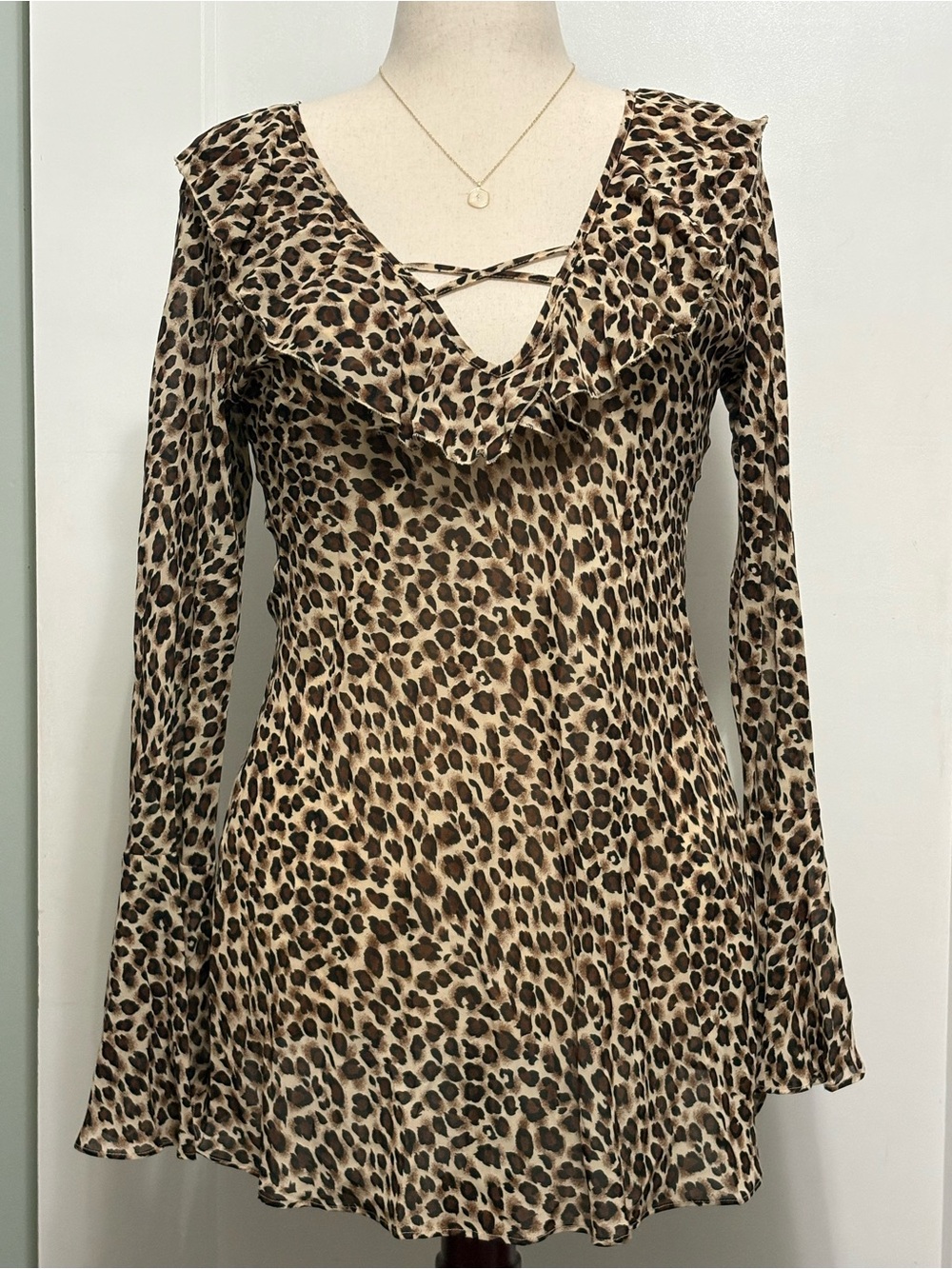 Vtg Y2K Victorias Secret Leopard Mesh Ruffle Dress Bell Sleeve S